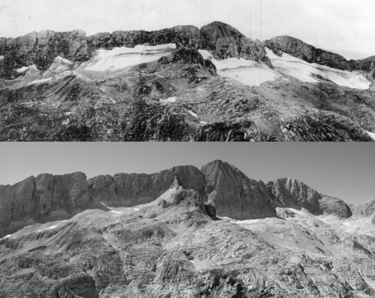 L'immagine mostra due foto in bianco e nero, una nella parte alta e una nella parte bassa dell'immagine. Entrambe le foto ritraggono il Monte Canin e sono state scattate a distanza di anni per far vedere la scomparsa dei ghiacci
